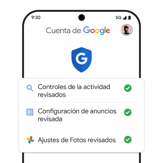 Menú móvil de la cuenta de Google en el que se muestran todos los ajustes revisados.