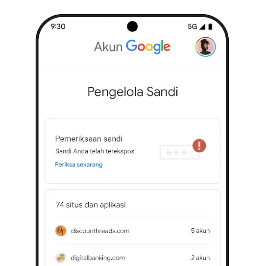 Gambar layar smartphone yang menampilkan Pemeriksaan sandi di bawah judul Pengelola Sandi.