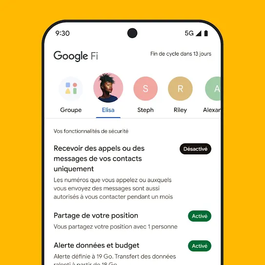Image d'un écran de smartphone sur lequel Google Fi Wireless est ouvert. Une ligne de contacts est affichée en haut et une liste de fonctionnalités de sécurité en dessous, y compris le partage de position et des alertes de données.