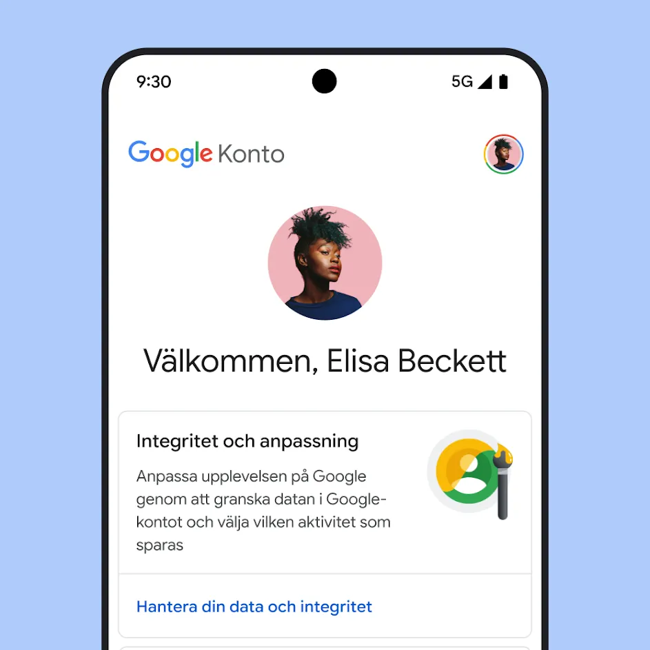 Bild på användargränssnittet för Mitt konto i Google, inbegripet meddelanden om integritet och anpassning samt en länk för att hantera din data och integritet.