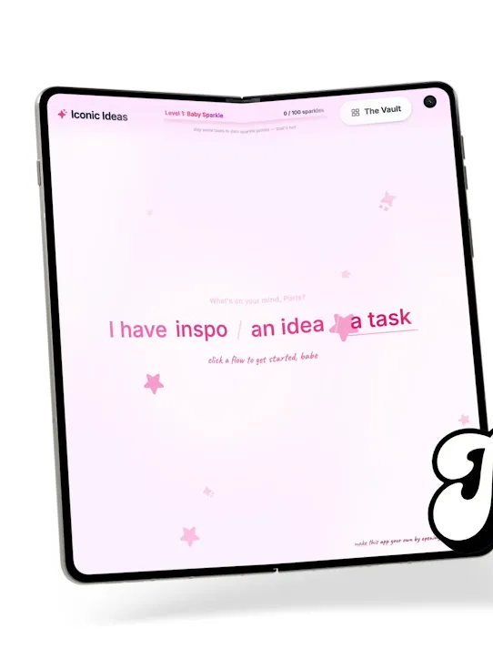 O Motorola Razr Fold se move em um círculo com brilhos rosa cintilando ao fundo. A tela do telefone mostra o aplicativo de Paris Hilton, Iconic Ideas.