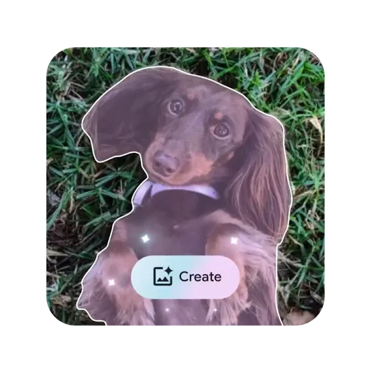 A picture of a dachshund lying on grass is used as an example to show how the Photomoji feature works.