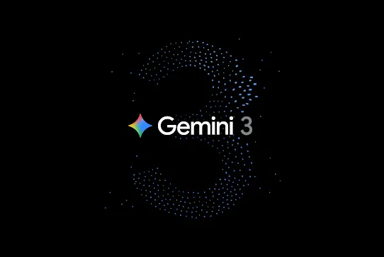 Gemini 3 logo on a dark background. The "3" is formed by blue sparkling dots, with the text "Gemini 3" and a star icon.