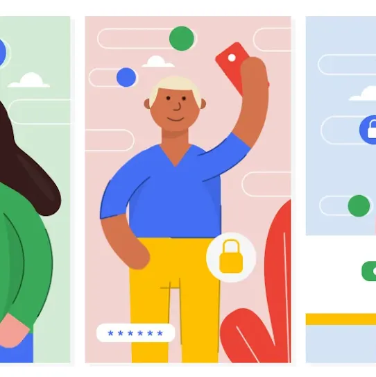 Illustration asset of girl in green with phone, boy with phone in blue and girl in red on computer