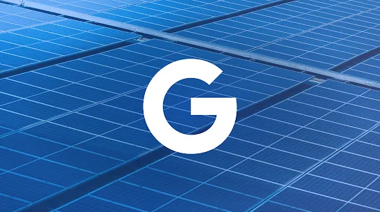 A large, white "G" logo centered over a background of blue solar panels