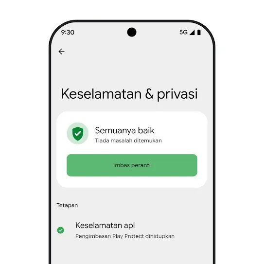Visual skrin telefon pintar yang menjalankan Android OS dengan tetapan Keselamatan & Privasi dibuka, memaparkan hasil imbasan peranti dan tetapan keselamatan apl.