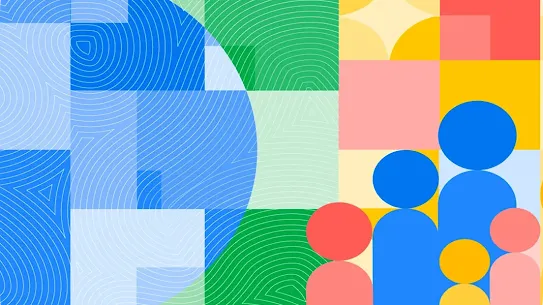A vibrant geometric illustration in Google’s signature colors featuring a stylized globe on the left with intricate white topographical lines and a group of abstract human figures on the right, symbolizing the intersection of AI, sustainability, and community.