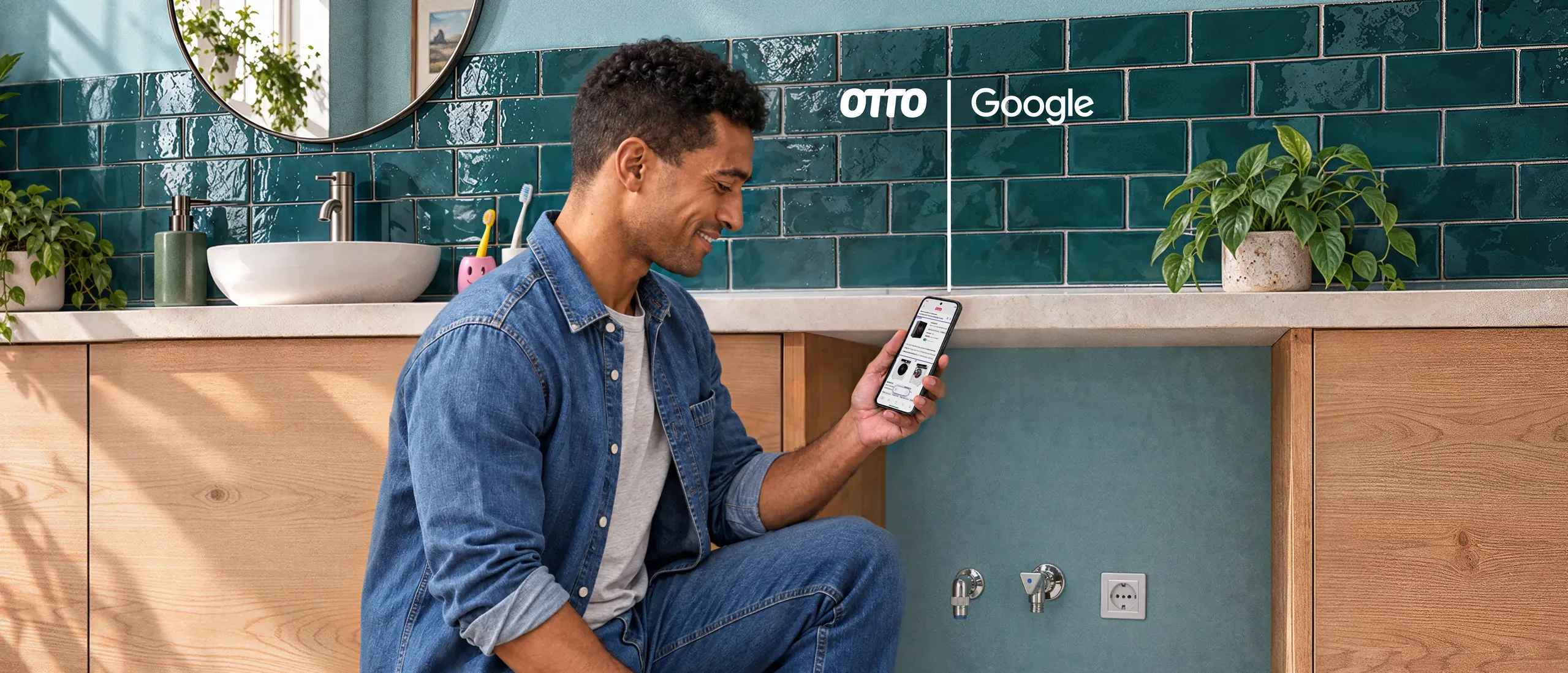 Ein Mann kniet auf dem Boden eines Badezimmers. Er schaut er auf ein Handy, auf dem er eine passende Waschmaschine angezeigt bekommt. Rechts daneben ein leerer Raum mit Waschmaschinenanschlüssen.
