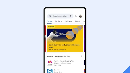 The apps homepage on Google Play displays a promotion for cricket-related apps