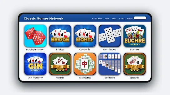 Classic Games Network offers familiar titles like Bridge, Dominoes, Gin Rummy, Mahjong, and Solitaire.