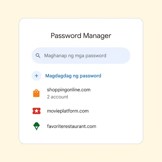 Interface para sa Password Manager na may field para "Maghanap ng mga password" sa itaas ng link para "Magdagdag ng password."