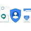 A composite illustration featuring a central user security shield surrounded by icons for Google Meet, password fields, and encrypted email.