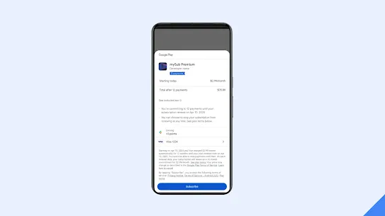 A Pixel phone shows Google Play's new installment subscriptions offering at checkout