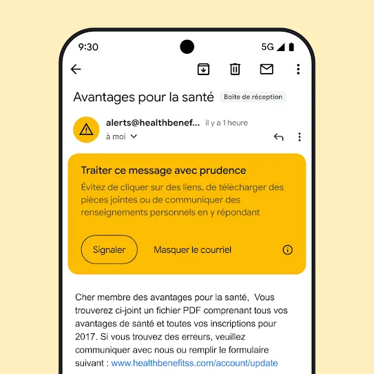 Une image d'un courriel dans Gmail sur l'écran d'un téléphone intelligent, montrant une alerte de sécurité pour une tentative d'hameçonnage potentielle.
