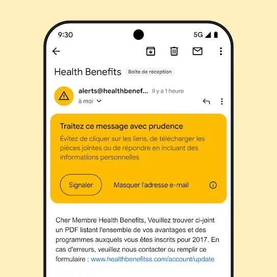 Image d'un e-mail dans Gmail sur l'écran d'un smartphone, montrant une alerte de sécurité concernant une potentielle tentative d'hameçonnage.
