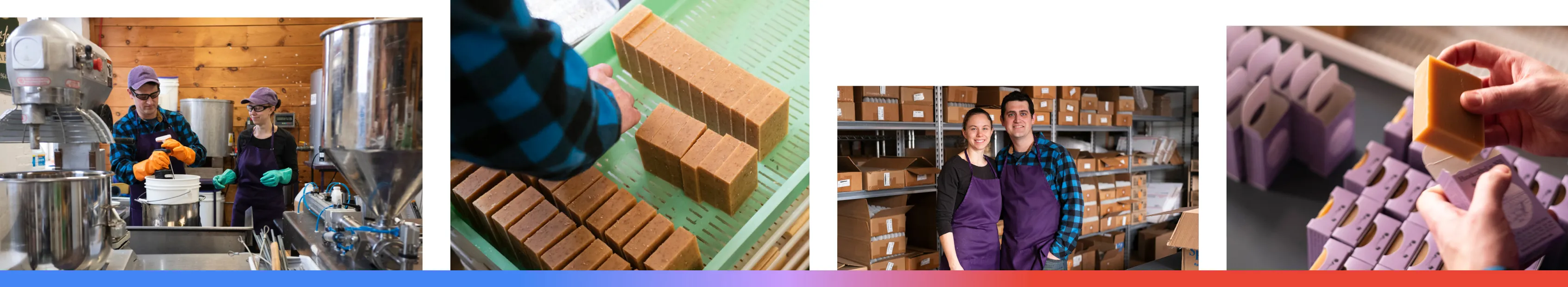 A composite of four images featuring Joy Lane Farm in New Hampshire, showing the handmade soap-making process, a large batch of natural soap bars, the business owners in their shipping warehouse, and a close-up of the final product being packaged.