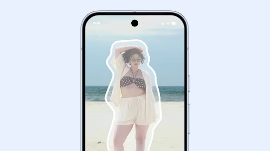 An Android phone screen shows a woman standing on a beach with a glowing white outline around her.