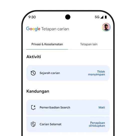 Visual tetapan Google Search pada skrin telefon pintar, termasuk tetapan sejarah Search, pemeribadian Search dan Carian Selamat.