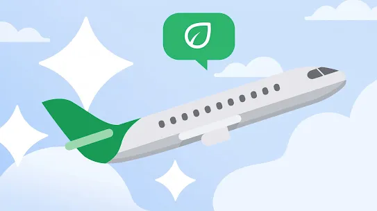 A playful digital illustration of a white commercial airplane with a green tail flying through white clouds and stylized stars. A green speech bubble above the plane contains a leaf icon, symbolizing eco-friendly travel and carbon reduction.