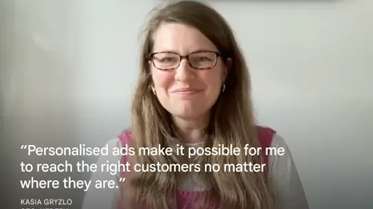 A portrait of Kasia Gryzlo, CEO of Hedepy, wearing glasses and a pink top. Overlaid on the image is a white text quote: "Personalised ads make it possible for me to reach the right customers no matter where they are." Her name and job title are displayed in smaller text at the bottom-left corner.