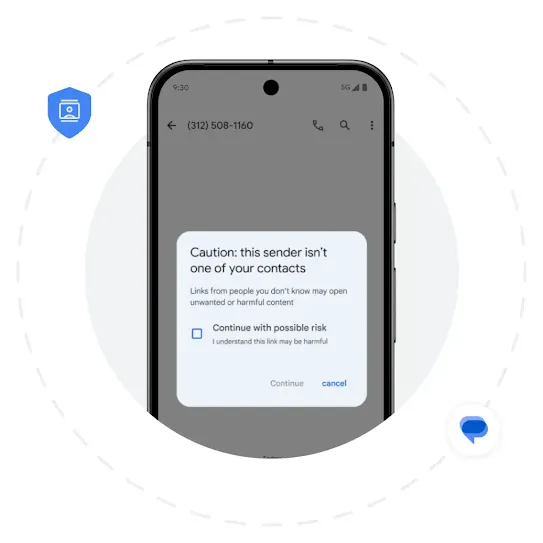 An Android screen shows an example of a security alert when using Google Messages. Behind the phone is a grey solid circle and a dashed circle right outside it. Two blue security icons are scattered around the dashed circle.