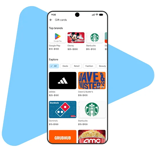 A phone screen displays the process of buying digital gift cards on Google Play, including selecting a retailer and gift amount.