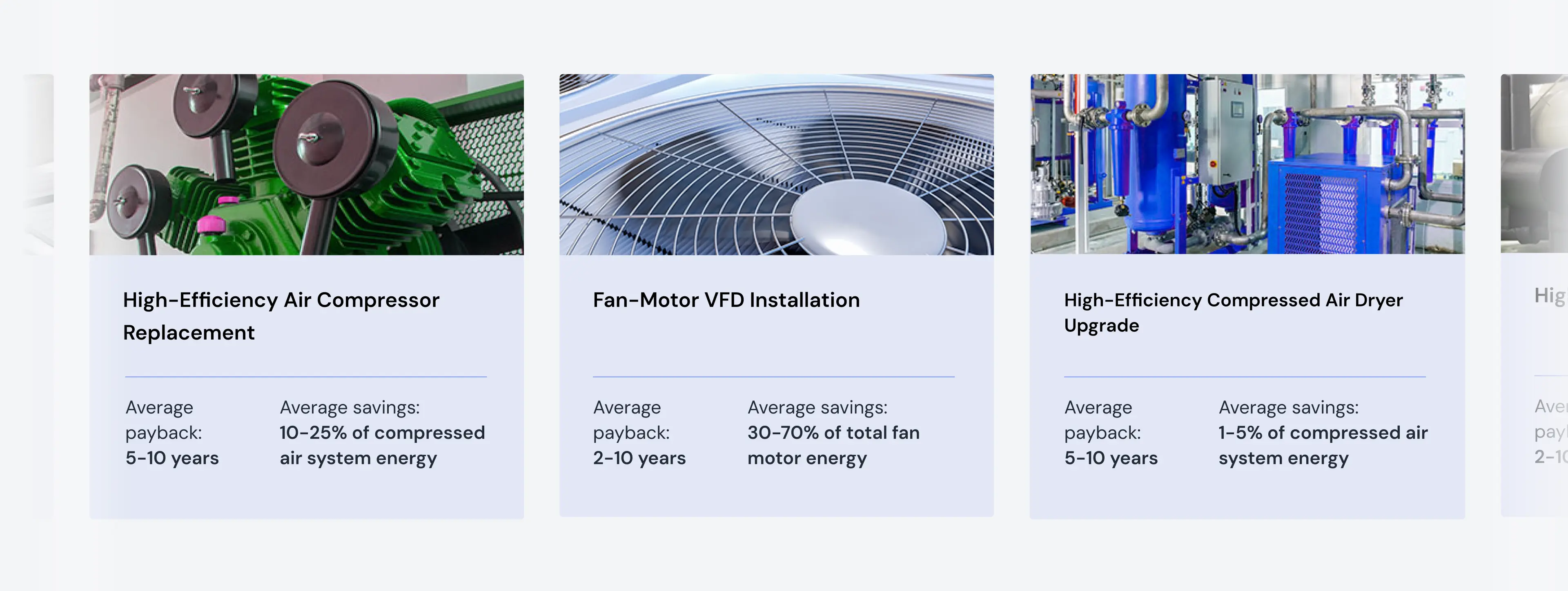 Three different images showing energy efficiency opportunities available from the Energy Assessment tool, each with a description of its energy efficiency measure, estimated average payback period, and estimated average energy savings. The first installation shows a high-efficiency air compressor replacement, offering average cost savings of 10-25% of compressed air energy with a 5-10 year payback. The second installation depicts a fan motor VFD (variable frequency drive) installation, providing average cost savings of 30-70% of total fan motor energy with a 2-10 year payback. The third image illustrates a high-efficiency compressed air dryer upgrade, yielding average cost savings of 1-5% of compressed air system energy with a 5-10 year payback.