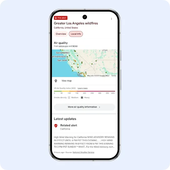 A smartphone interface displaying a Google Fire alert for the Greater Los Angeles wildfires. The dashboard details California air quality from airnow.gov and NOAA with an interactive area map, an AQI color scale index, and official meteorological updates from the National Weather Service warning of a high wind advisory.