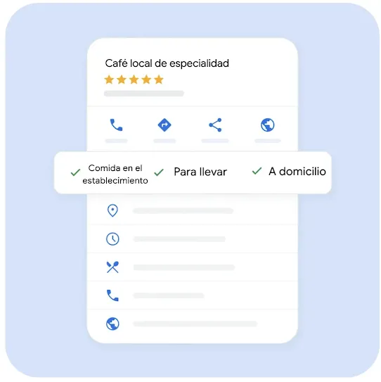 Pantalla de un smartphone que muestra el perfil de empresa de "Detroit Voltage". En el perfil se observa una valoración de 5 estrellas, una imagen de cabecera con unas manos con guantes usando un alicate de corte y datos de contacto básicos: una dirección en Detroit, el horario de atención (de 9:00 a 17:00), un teléfono y un enlace al sitio web.