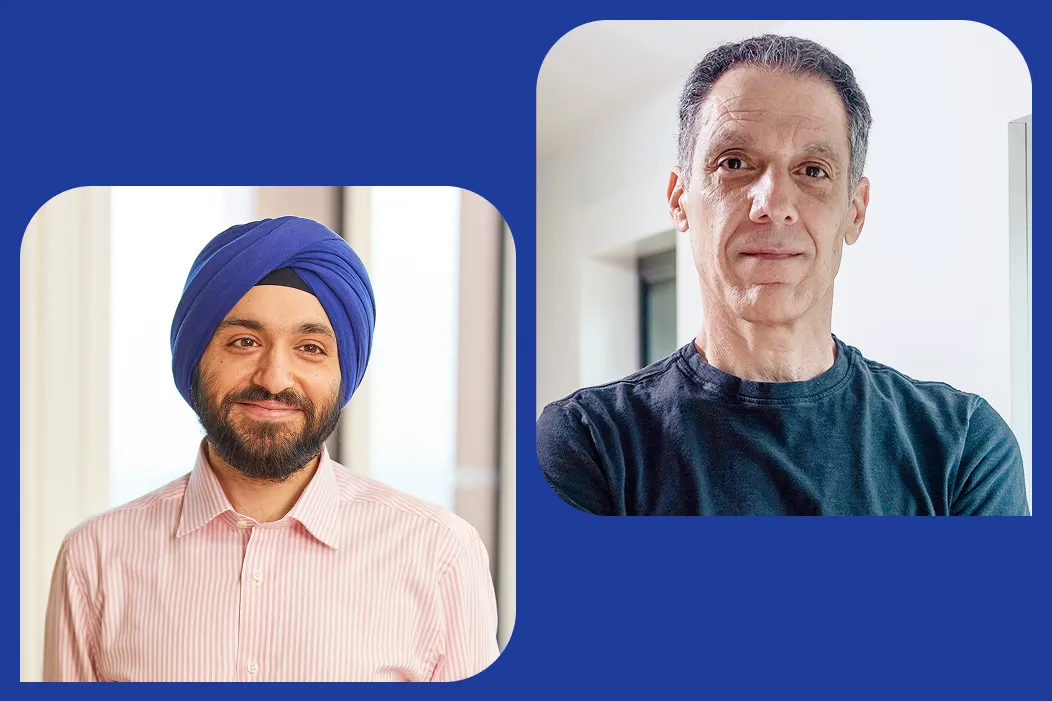Headshots of Pushmeet Kohli and Hany Farid on a blue graphic background.