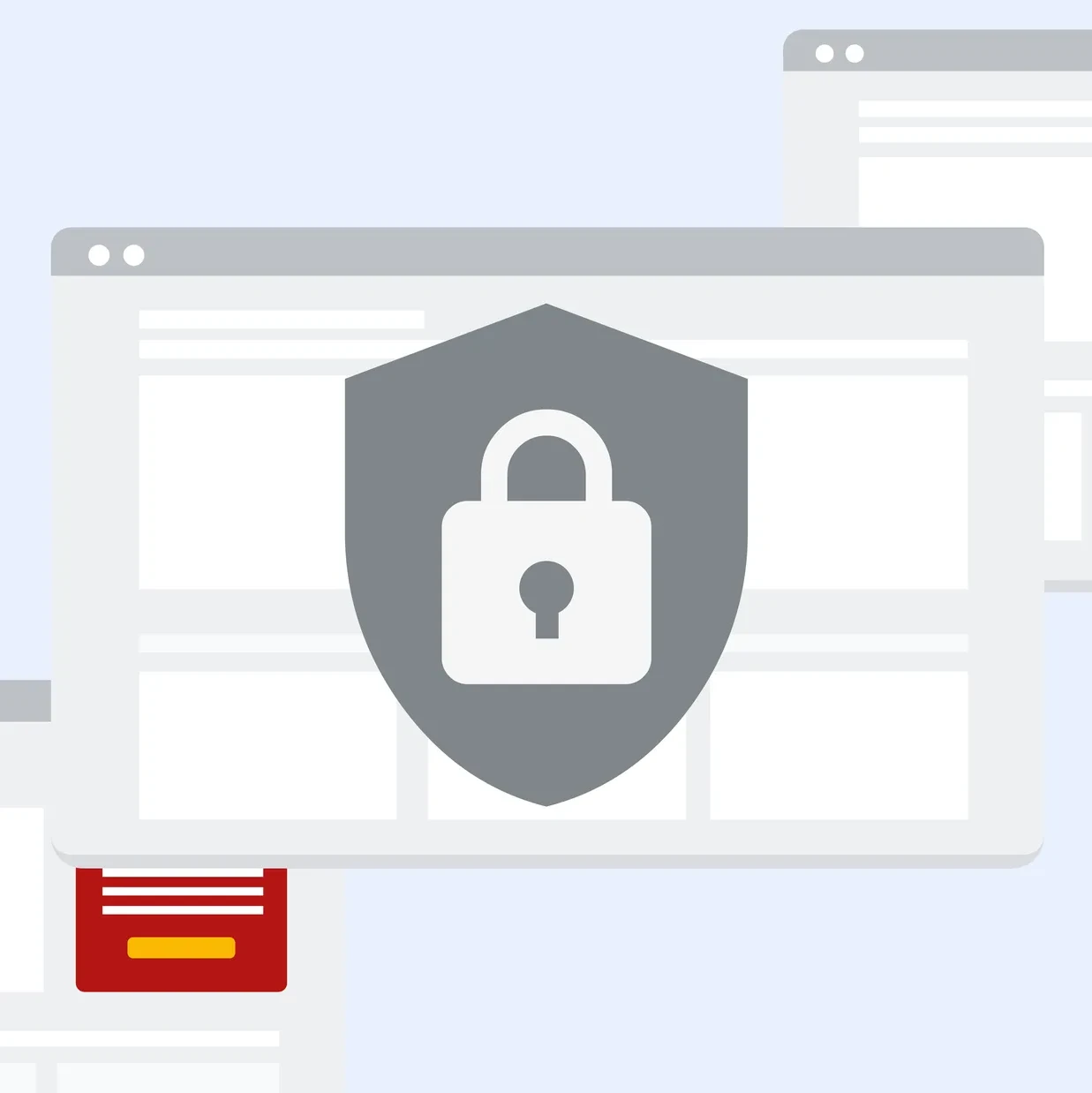 A shield with a padlock icon on a computer screen, surrounded by popup windows with error messages.