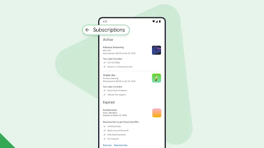 A screenshot shows the Subscription Center view on Google Play with active and expired subscriptions, including listed benefits for each plan.