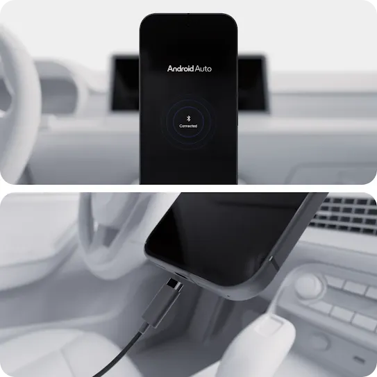 A black phone has “Android Auto” on the screen. In the background is a car dashboard. A phone charger is next to a phone’s charging port inside a car with white interior.