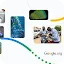 A collage of images featuring scientific data visualizations, two men looking at a mobile device near a motorcycle, and colorful abstract patterns, all connected by flowing lines with the Google.org logo.