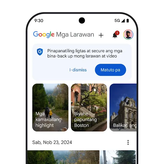 Visual ng screen ng smartphone na nakabukas ang Google Photos, na nagpapakita ng mensaheng panseguridad na nagsasabing, “Pinapanatiling ligtas at secure ang mga larawan at video na bina-back up mo” na may link para matuto pa.