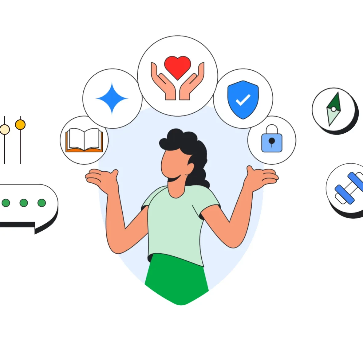 A cartoon person stands with arms outstretched, surrounded by various icons representing different concepts.