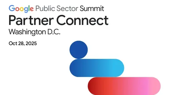  Blue and red bars and spheres with Google Public Sector Summit Partner Connect label
