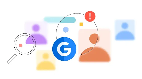 A conceptual digital illustration featuring a blue Google "G" logo in the center. Around it are blurred colorful silhouettes of people, a magnifying glass, and a red exclamation mark notification, symbolizing identity detection and online safety.