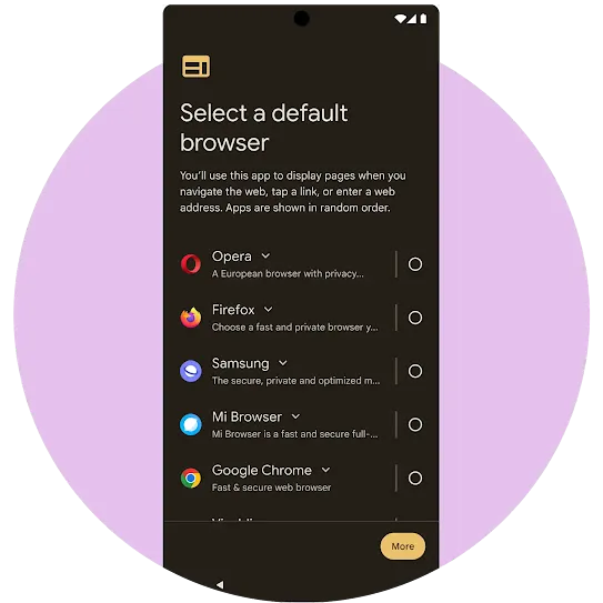 An Android mobile screen showing a list of browsers in the initial phone setup from which users can select and set their preferred default browser.