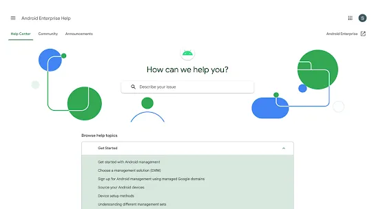Android Enterprise Help Center page with a search bar and expandable help topics for Android device management.