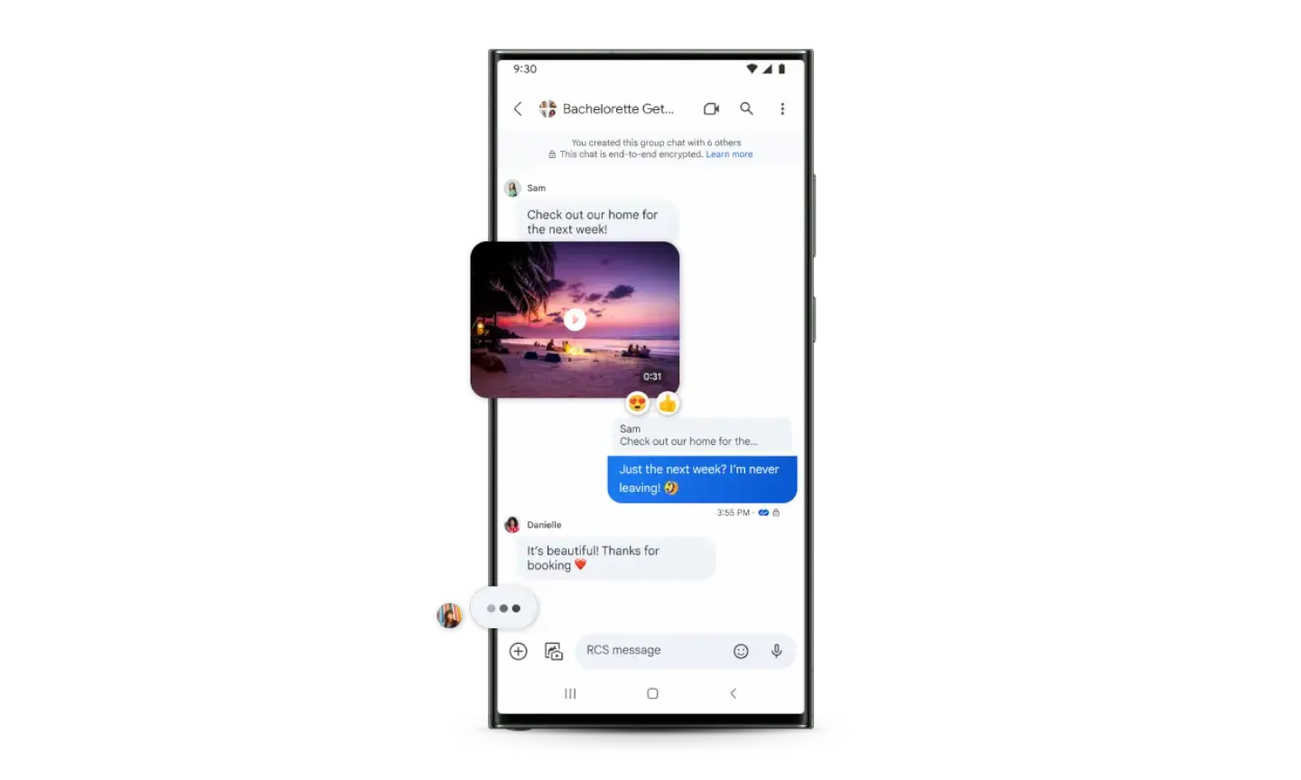 A Phone displays RCS chat with hi-res media, typing indicators, read receipts, etc