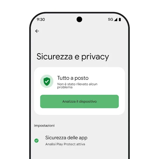 Immagine dello schermo di uno smartphone con sistema operativo Android con le impostazioni di sicurezza e privacy aperte, che mostra i risultati di una scansione del dispositivo e le impostazioni di sicurezza delle app.