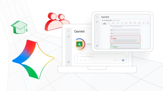 iconography with Gemini logo and two laptop screens featuring Gemini