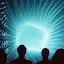 Silhouetted figures of people watching a glowing, bright cyan-blue quantum data stream projection in a dark room.