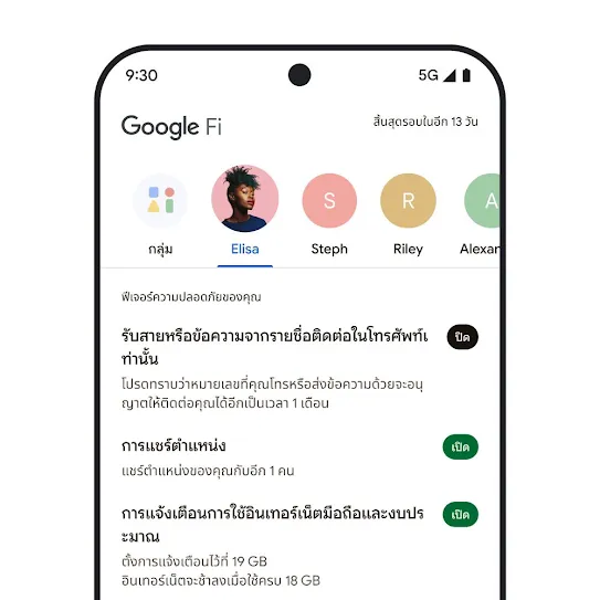 ภาพหน้าจอสมาร์ทโฟนที่เปิด Google Fi Wireless อยู่ โดยแสดงแถวรายชื่อติดต่อที่ด้านบนและรายการฟีเจอร์ความปลอดภัยด้านล่าง รวมถึงการแชร์ตำแหน่งและการแจ้งเตือนข้อมูล