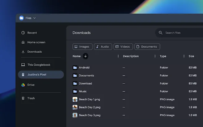 Files by Google desktop window, with open tab showing access to the folders and images on a phone.
