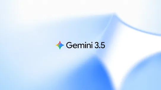 The Gemini 3.5 logo next to a multi-colored four-pointed star emblem, set against a soft, abstract blue and white background
