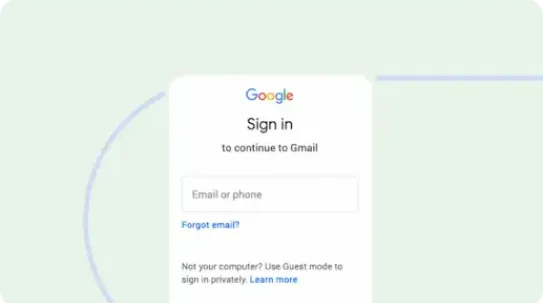 A close-up view of a Google sign-in screen on a device, prompting the user "to continue to Gmail" with a text field labeled "Email or phone" and a "Forgot email?" link below. This illustrates the Enterprise Google Account enrollment method.