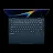 Googlebook laptop open, viewed from above, showing the keyboard and rainbow-gradient display.