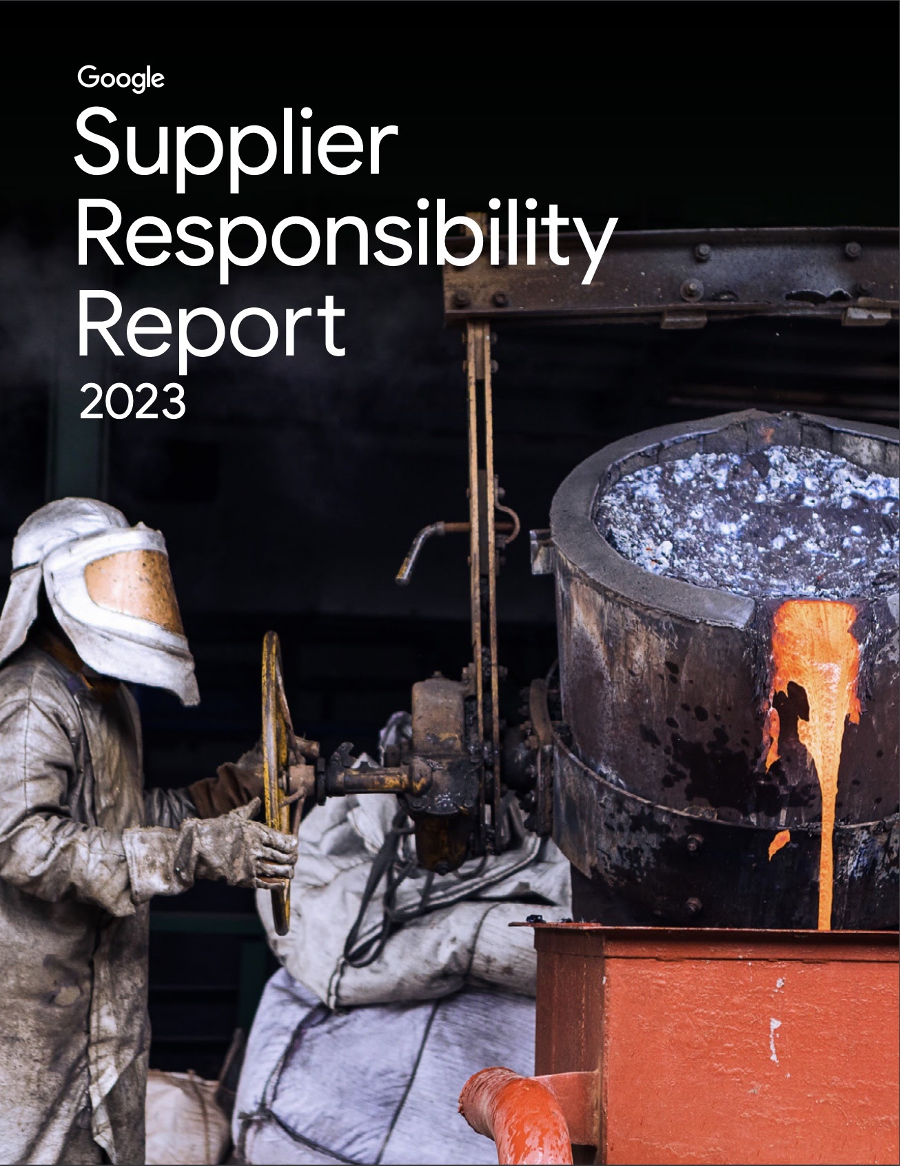 A smelter wearing full protective gear at work, pouring red hot liquid into a vessel.